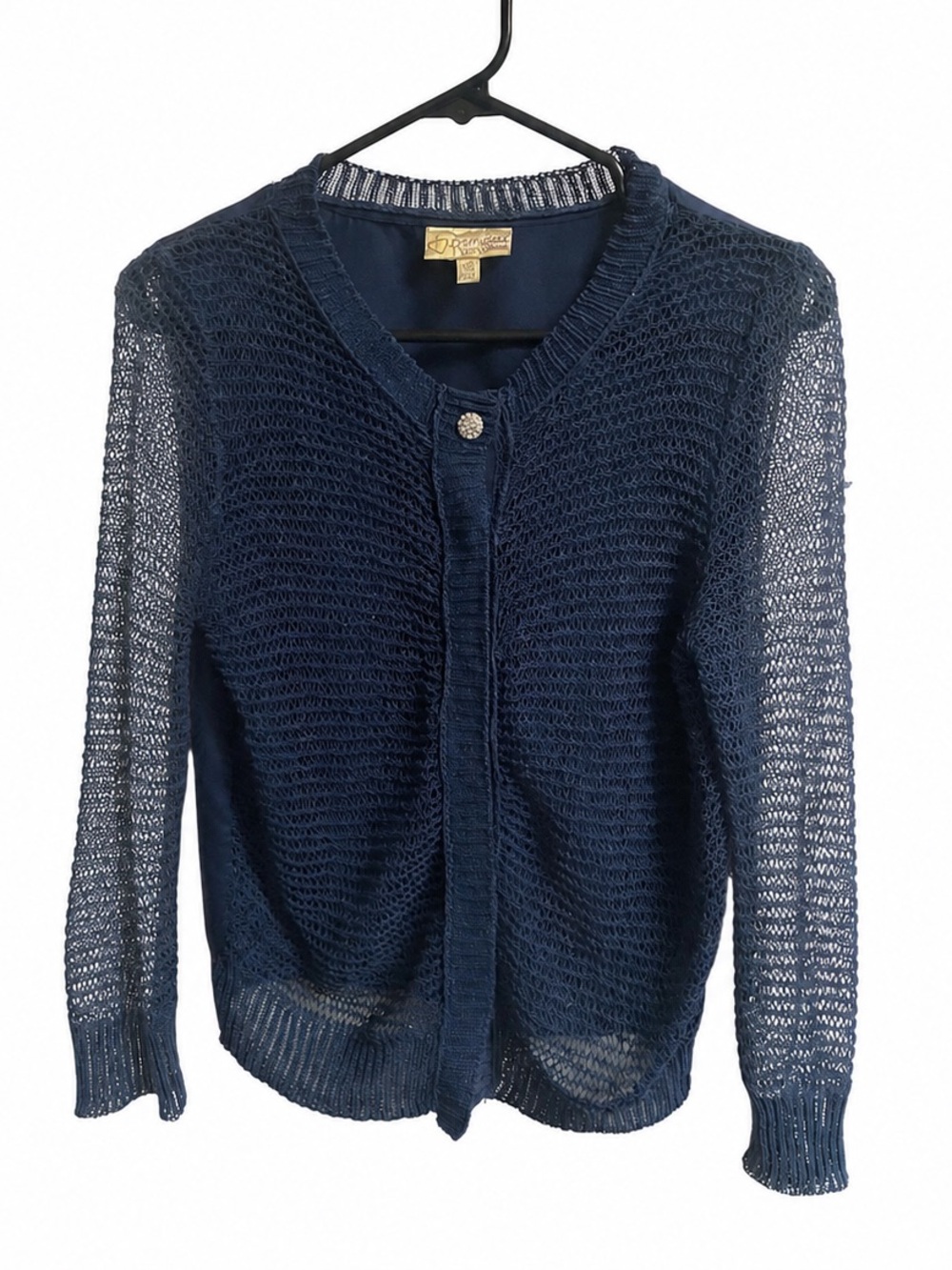 Vera Wang Navy Open-Knit Single-Button Cardigan